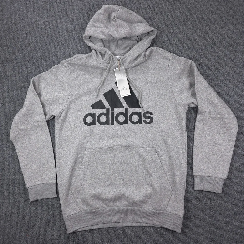 adidas Essentials Fleece Hoodie Men Medium Gray Pullover Big Logo Sweatshirt NEW